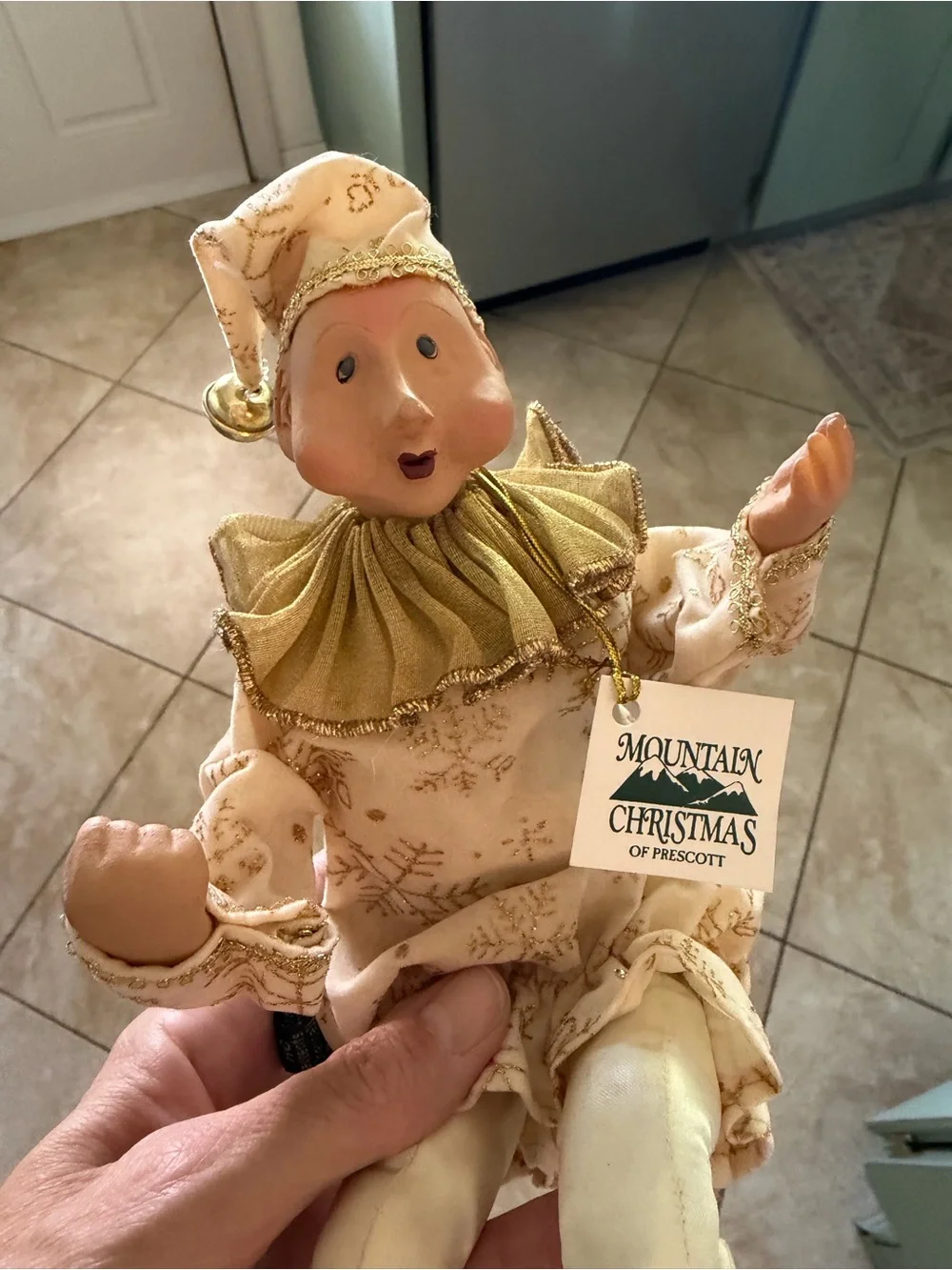 Mountain Christmas of Prescott Beige & Gold Holiday poseable Jester Doll NWT